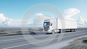 White truck. trailer on the road, highway. Transports, logistics concept. 3d rendering.