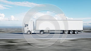 White truck. trailer on the road, highway. Transports, logistics concept. 3d rendering.