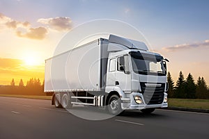White Truck transportation on the intercity road on sunset. Mock up logistic vehicle. Generative AI