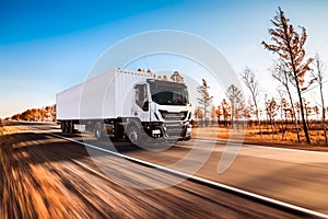 White truck with white trailer on the road