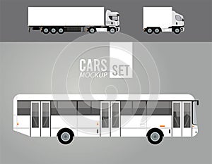 White trucks and bus mockup cars vehicles icons