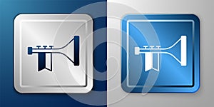 White Trumpet icon isolated on blue and grey background. Musical instrument. Silver and blue square button. Vector