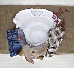 White tshirt mockup - shirt boots plaid scarf and jeans. Christmas mock up