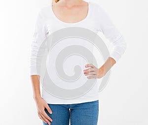 White tshirt on a young lady template isolated on white background