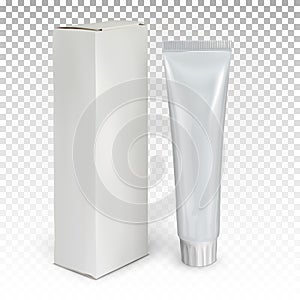 White tube with toothpaste and packing box stands on the surface.