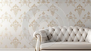 A white tufted sofa sits in front of a wall with a luxurious damask pattern wallpaper photo