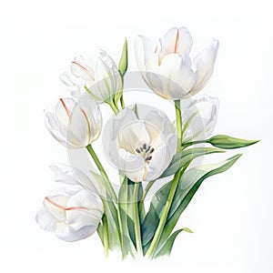 White Tulip Watercolor Illustration: Classic Still Life Composition