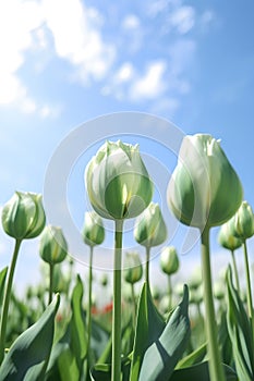 White tulips on blue sky background. Tulip field in spring