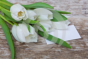 White tulips bouquet and blank greeting card
