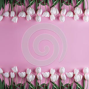 White tulips flowers over light pink background. Greeting card or wedding invitation. photo