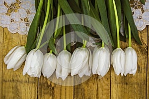 White tulips lying on top with stems and sharp green leaves on an embroidered napkin lies on rough boards