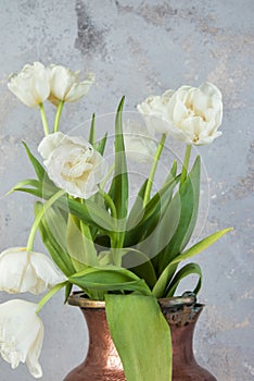White tulips in old copper vase photo