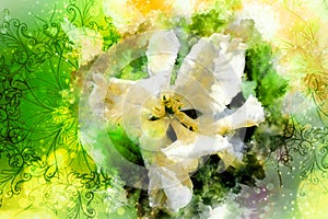 White tulips and ornaments and softly blurred watercolor background.