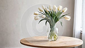 White tulips in paunchy vase on round wooden brown table against empty gray wall. Minimalistic interior. Scandinavian style