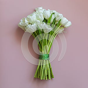 White tulips on a pink background. Spring concept.