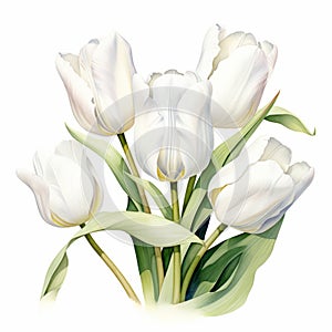 White Tulips Watercolor Painting On White Background photo