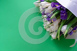 White tulips and purple irises on a green background