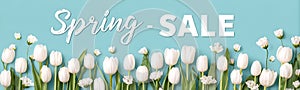 White tulips (Tulipa spp.) with green stems and leaves line the bottom against a photo