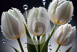 White tulips with water drops on a dark background close-up, generative ai