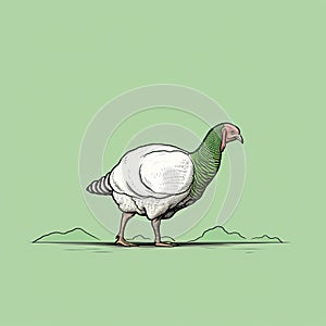 White Turkey Walking Across Green Background - Giorgione Style Illustration