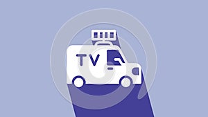 White TV News car with equipment on the roof icon isolated on purple background. 4K Video motion graphic animation