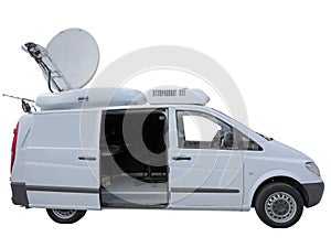 White tv newsman van with satellite dish antenna isolated over w
