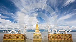 White Twin Naga and Golden pagoda at Kwan Phayao(Phayao lake),Th