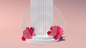 white two steps podium 3d rendering with beautiful blooming roses.