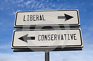 White two street signs with arrow on metal pole with word liberal and conservative