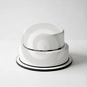 White twotier cake with black stripes on a round plate