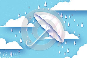 White umbrella. Air with raining. Origami Rain drop. Rainy weather. Protection and safety. Parasol on blue. Cloudy sky