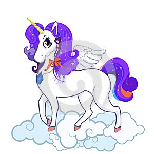 White unicorn with big eyes, horn, feather wings and violet hair on clouds
