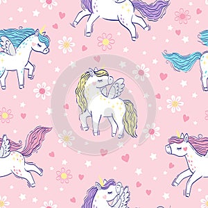 White unicorn with bright colors mane and tail. Vector seamless pattern with cute unicorns on a pink floral background