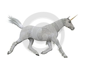 White unicorn cantering. Fairytale creature 3d illustration isolated on white background