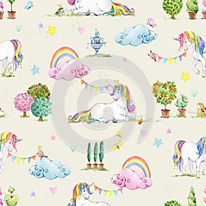 White Unicorn in Fairy Garden watercolor seamless pattern.