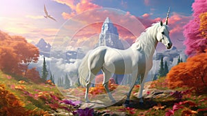 White unicorn in fairyland in beautiful rainbow valley, under sky filled with fluffy white clouds. White horse with horn