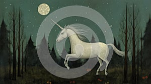 White Unicorn In Forest With Moon: Playful Figurative Renditions