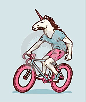 White unicorn head guy riding pink bicycle