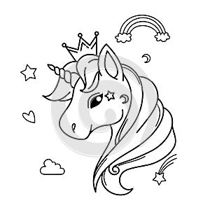 White Unicorn head vector icon for children design isolated. Head portrait horse with rainbow hair. Cute magic cartoon fantasy ani