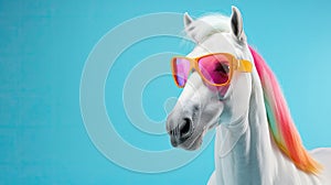 white unicorn horse with crown glasses and rainbow hair on blue background