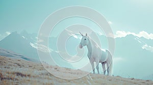 white unicorn with long hair standing in the grassland, light blue sky. style is minimalist, with a blurred background