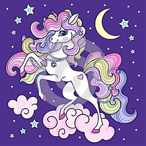 White unicorn with a long mane in the sky on a cloud. Vector