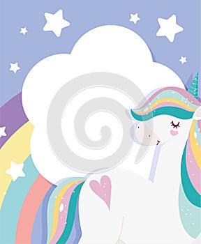 White unicorn magic fantasy cartoon rainbow cloud stars decoration