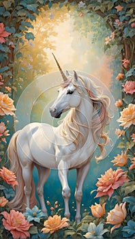White unicorn with multicolored mane framed by blossoming flowers, delicate vines and leaves.