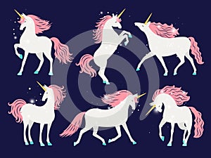 White unicorn with pink mane. Cartoon pretty unicorn horse with rose mane for girls t-shirt design vector illustration