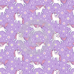 White unicorn with pink mane and tail. Vector seamless pattern with cute unicorns on a purple floral background