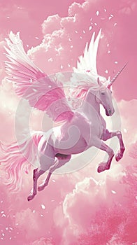 White Unicorn With Pink Wings Flying Through the Sky