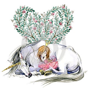 White unicorn and princess watercolor hand drawn illustration