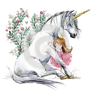 White unicorn and princess watercolor hand drawn illustration