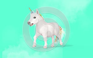 White unicorn with rainbow horn isolated on green background.